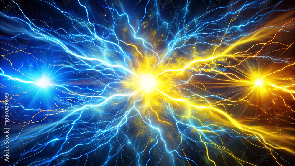 Bright flashes of electric blue and yellow creating a sense of high energy and movement. Bright flashes of electric blue and yellow creating a sense of high energy and movement.