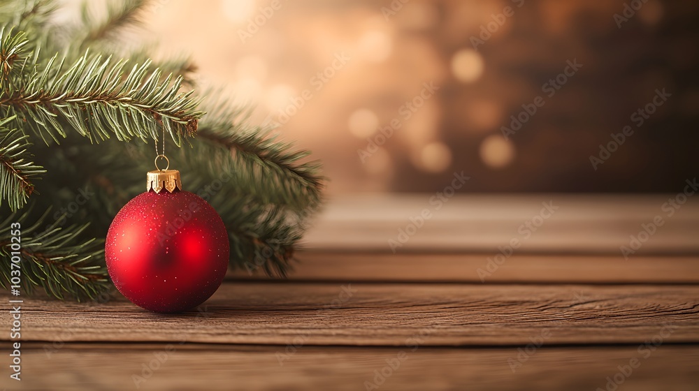 Red Christmas Ornament Hanging from Pine Branch on Wooden Surface Red Christmas Ornament Hanging from Pine Branch on Wooden Surface
