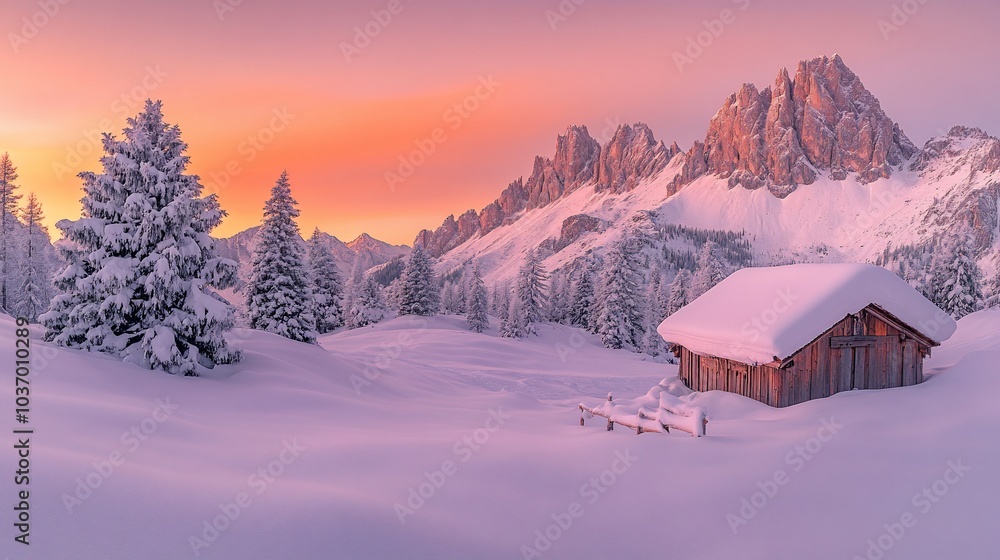 A wooden cabin nestled in a snowy mountain valley at sunrise. A wooden cabin nestled in a snowy mountain valley at sunrise.