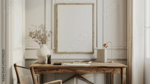 A minimalist home office with white walls and a wooden desk. The desk features a blank picture frame and a single decorative vase. Bright