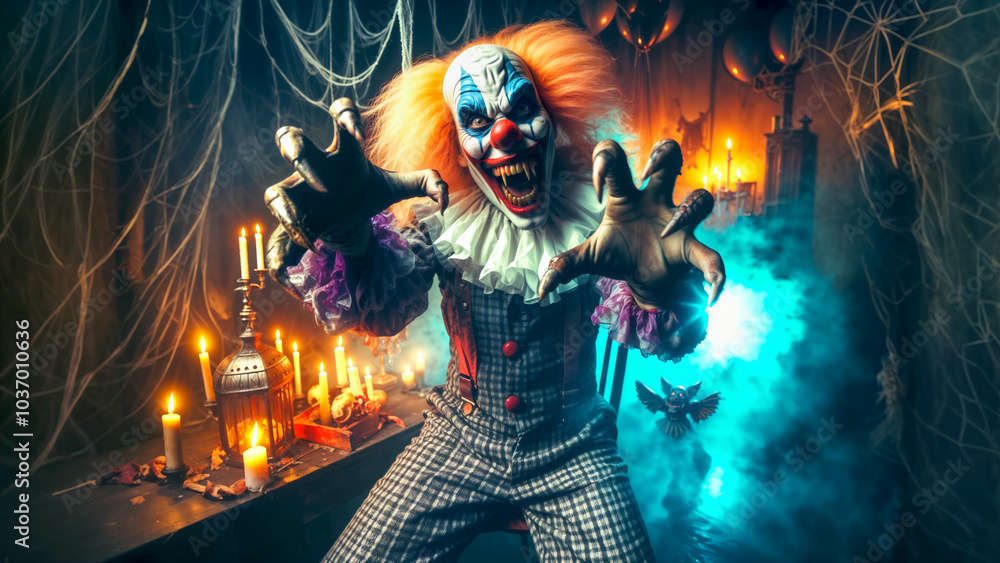 Horrifying evil clown with grotesque makeup, and sinister grin on his face reaching out with both hands as if trying to grab viewer. Halloween horror concept. Horrifying evil clown with grotesque makeup, and sinister grin on his face reaching out with both hands as if trying to grab viewer. Halloween horror concept.