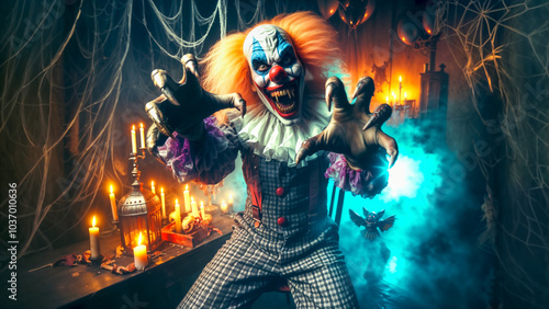 Horrifying evil clown with grotesque makeup, and sinister grin on his face reaching out with both hands as if trying to grab viewer. Halloween horror concept.