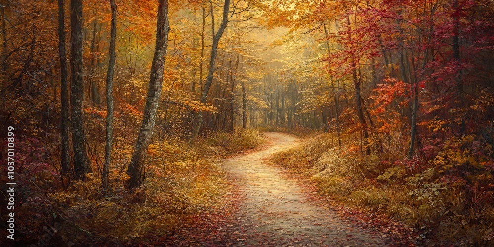 Serene Autumn Forest Path Illuminated by Warm Golden Light Serene Autumn Forest Path Illuminated by Warm Golden Light
