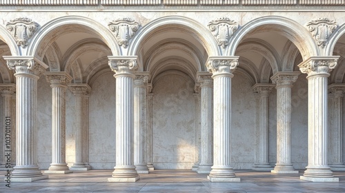 A row of white marble columns and arches with ornate details.