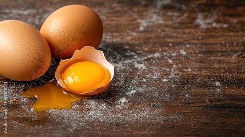 Three brown eggs on a rustic wooden surface with one egg cracked open, revealing a bright yellow yolk scattered with flour, creating a homely kitchen scene.