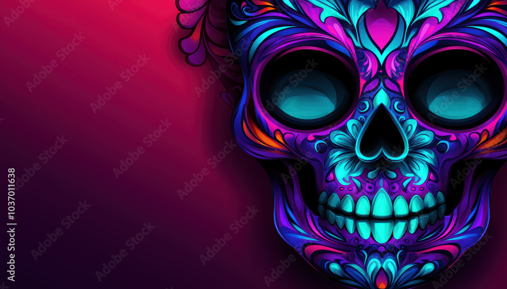 A vibrant, artistic skull design featuring intricate patterns and colors, set against a rich gradient background. A vibrant, artistic skull design featuring intricate patterns and colors, set against a rich gradient background.