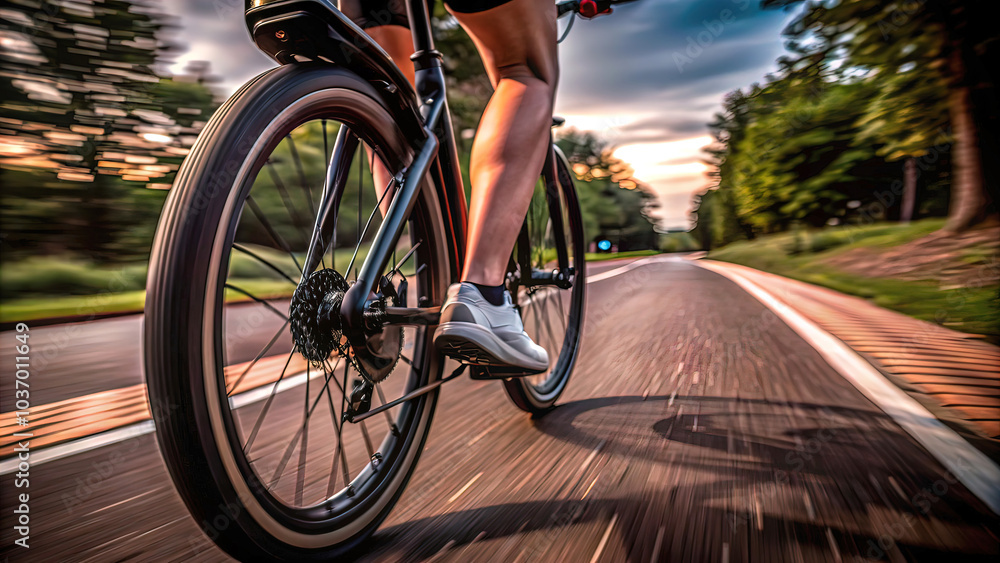 Fototapeta premium Close-up of cyclist, Mini Mobility, racing along dedicated bike lane