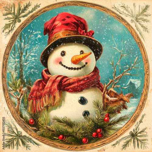 Vintage Christmas card with a snowman in a red hat.