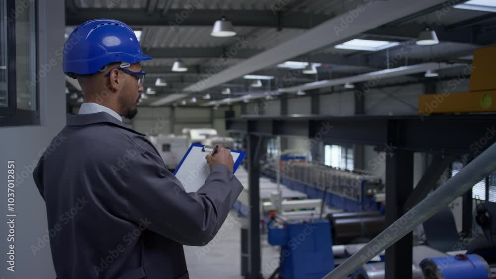 African American man with a white helmet, a manager monitoring productivity in a factory and writing down data, side view. Manufacturing career concept. African American man with a white helmet, a manager monitoring productivity in a factory and writing down data, side view. Manufacturing career concept.