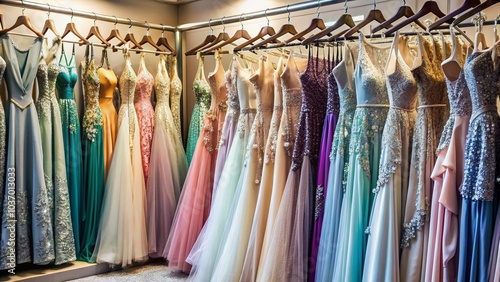 Wallpaper Mural Exquisite formal dresses adorn racks in a sophisticated boutique, showcasing intricate details, delicate fabrics, and majestic silhouettes for weddings, proms, and evening galas. Torontodigital.ca