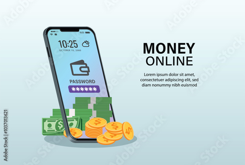 Digital Money Online phone, mobile website background. saving or deposit icon logo sign modern app web concept. decor by coin dollar bill. 3D vector Illustration.