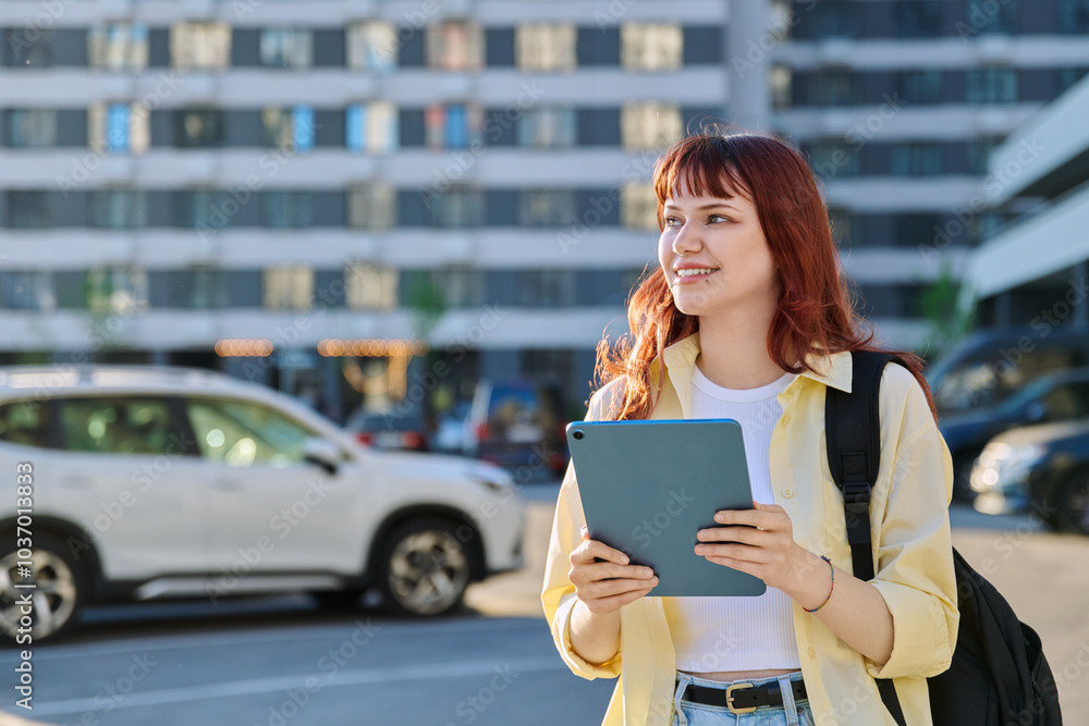 Young female college student with digital tablet, outdoors Young female college student with digital tablet, outdoors