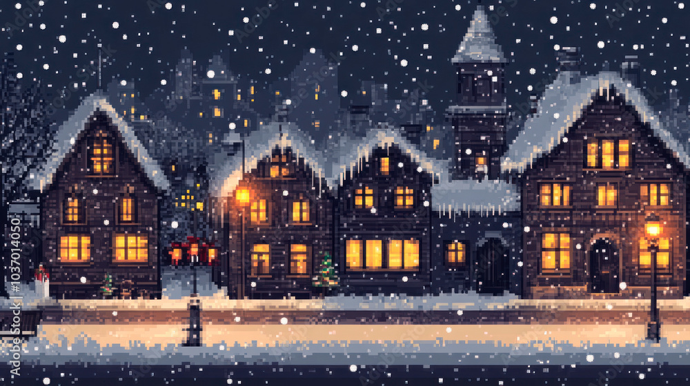 Fototapeta premium Pixelated Christmas night on the town.