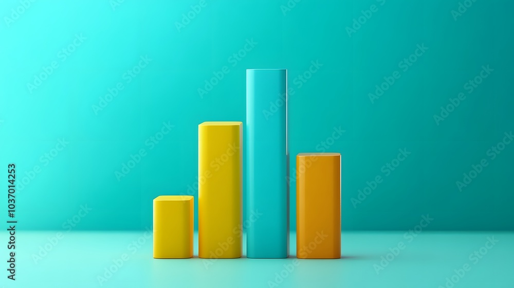 Colorful 3D bar graph with ascending yellow and light blue bars on a teal background, representing business growth with a clean minimalist design. Colorful 3D bar graph with ascending yellow and light blue bars on a teal background, representing business growth with a clean minimalist design.