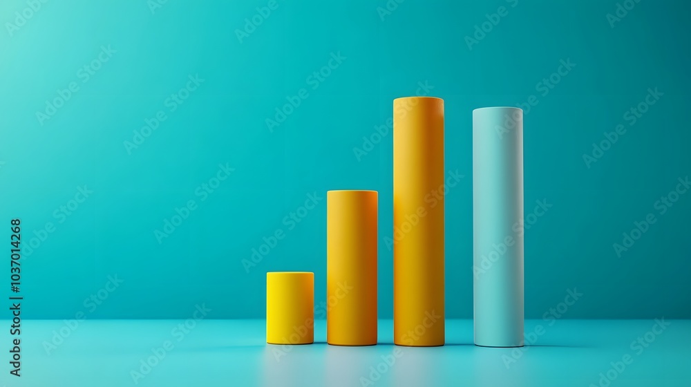 Colorful 3D bar graph with ascending yellow and light blue bars on a teal background, representing business growth with a clean minimalist design. Colorful 3D bar graph with ascending yellow and light blue bars on a teal background, representing business growth with a clean minimalist design.