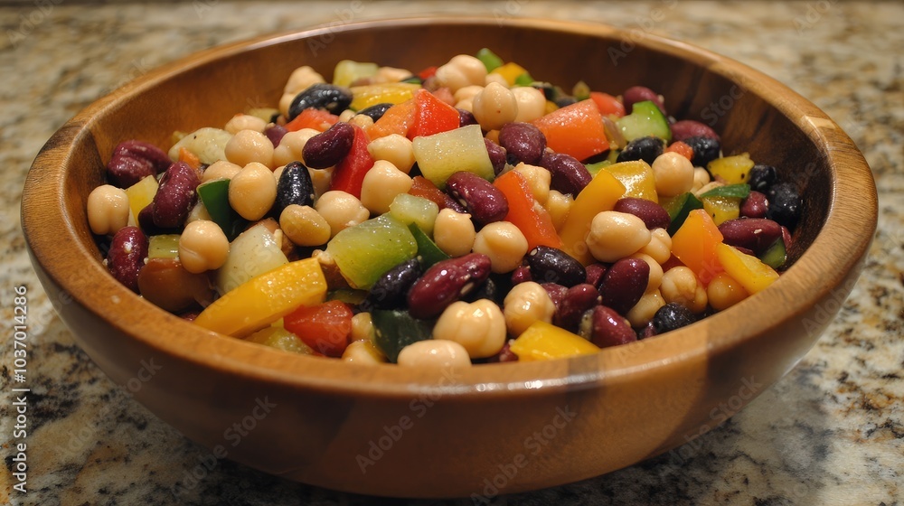 Colorful Bean Salad in Wooden Bowl Colorful Bean Salad in Wooden Bowl