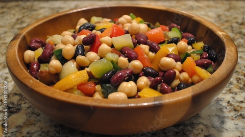 Colorful Bean Salad in Wooden Bowl