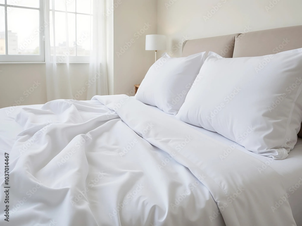 Obraz premium Bright minimalist bedroom interior with fresh white linens and natural daylight