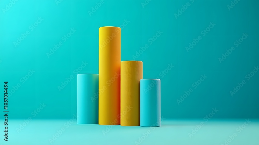 Colorful 3D bar graph with ascending yellow and light blue bars on a teal background, representing business growth with a clean minimalist design. Colorful 3D bar graph with ascending yellow and light blue bars on a teal background, representing business growth with a clean minimalist design.