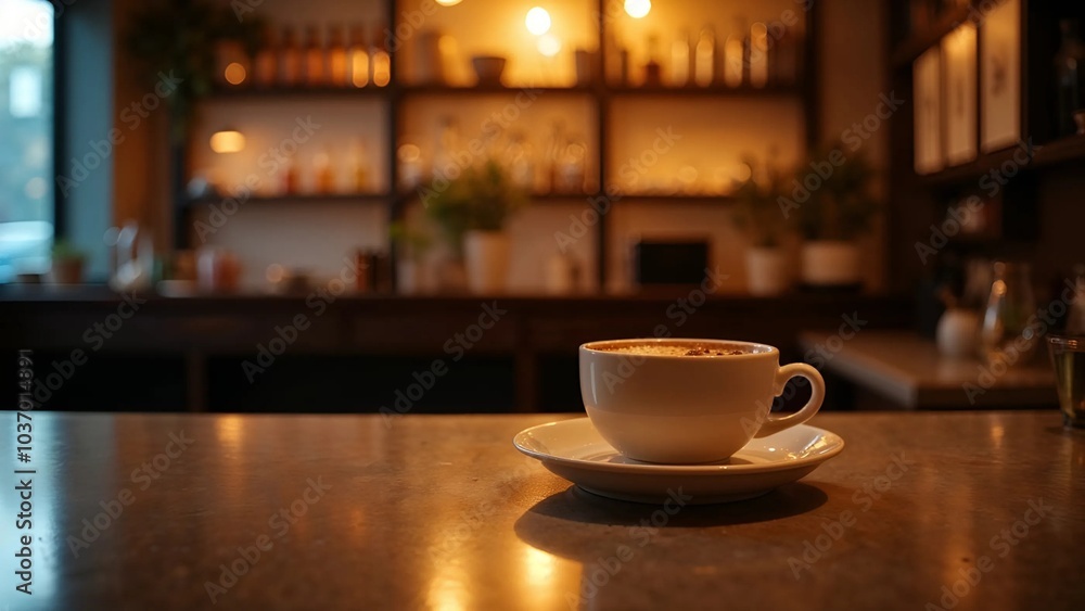 Steaming cappuccino in white cup on wooden bar counter with blurred background Steaming cappuccino in white cup on wooden bar counter with blurred background