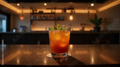 Elegant Cocktail Glass on Bar Counter with Soft Lighting and Copy Space