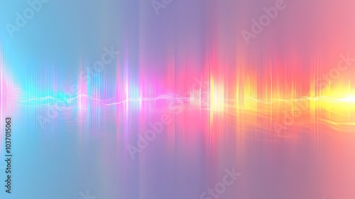 Colorful sound wave visualization on a light blue background, displaying a vibrant spectrum with neon glow and dynamic energy bars in a futuristic design. photo