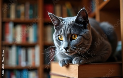 A Russian Blue cat perched on the top of a tall bookshelf