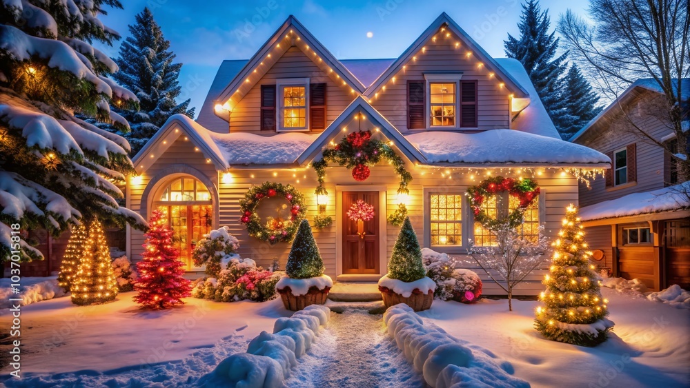 Fototapeta premium Warmly lit festive suburban house exterior with snowflakes falling, decorated with twinkling lights, garlands, wreaths, and inflatables, capturing winter holiday magic in the USA.