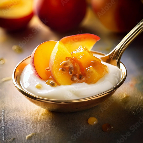 yogurt with pieces of peach and passion fruit in a beautiful spoon. close-up