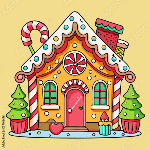 Maison de pain d'épice de Noël page de coloriage vectorielle Biscuits festifs sucrés avec décorations Illustration d'hiver d'art dessiné à la main Bonnes vacances Livre de coloriage pour enfants et ad