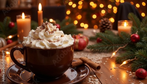 Cozy winter scene with hot chocolate, marshmallows, and Christmas decorations