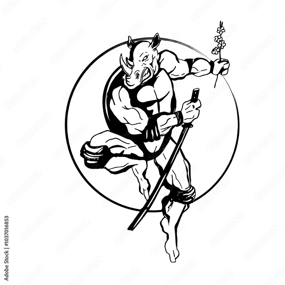 Rhinoceros, ninja with a sword and a sakura branch, a sign of will and strength, tattoo, logo Rhinoceros, ninja with a sword and a sakura branch, a sign of will and strength, tattoo, logo