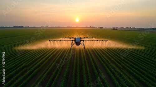 Drone spraying pesticide over a green agricultural field at sunset, depicting precision farming with a hovering quadcopter and misty spray. photo