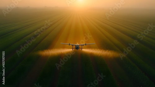 Drone spraying pesticide over a green agricultural field at sunset, depicting precision farming with a hovering quadcopter and misty spray. photo