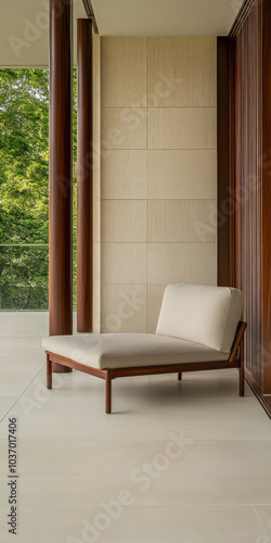 Elegant modern lounge chair positioned by large glass doors in a minimalist indoor space