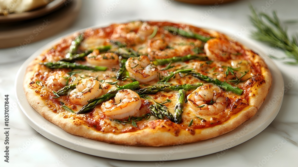 Gourmet shrimp and asparagus pizza on a ceramic plate, styled with rustic food photography, warm lighting, and appetizing textures for a culinary presentation. Gourmet shrimp and asparagus pizza on a ceramic plate, styled with rustic food photography, warm lighting, and appetizing textures for a culinary presentation.