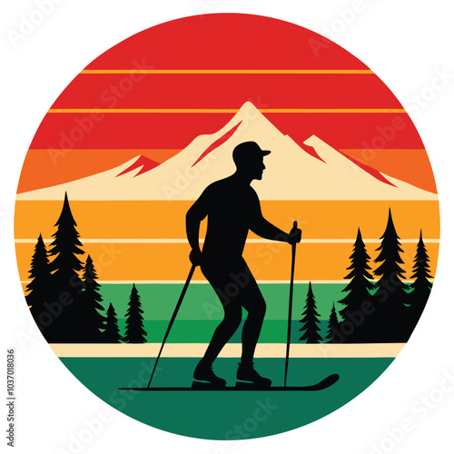 Retro Skiing Vector Illustration with Striped Sunset Background