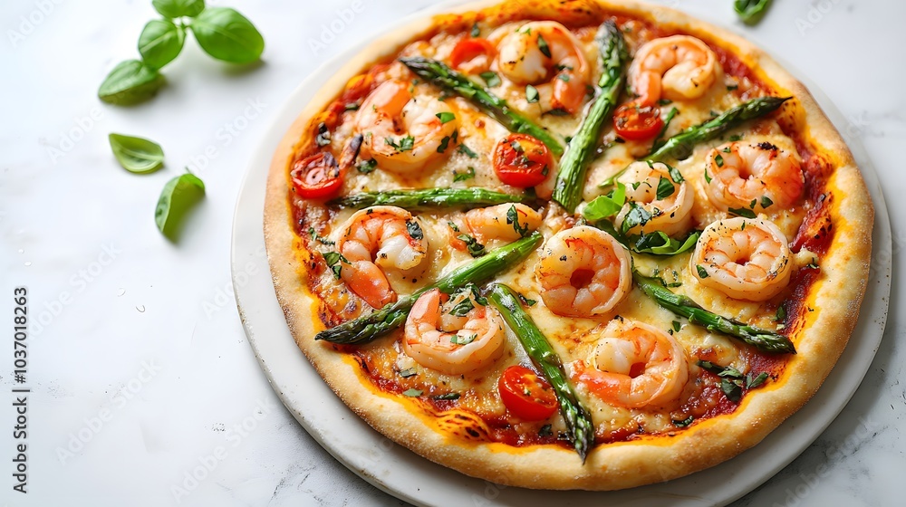 Gourmet shrimp and asparagus pizza on a ceramic plate, styled with rustic food photography, warm lighting, and appetizing textures for a culinary presentation. Gourmet shrimp and asparagus pizza on a ceramic plate, styled with rustic food photography, warm lighting, and appetizing textures for a culinary presentation.