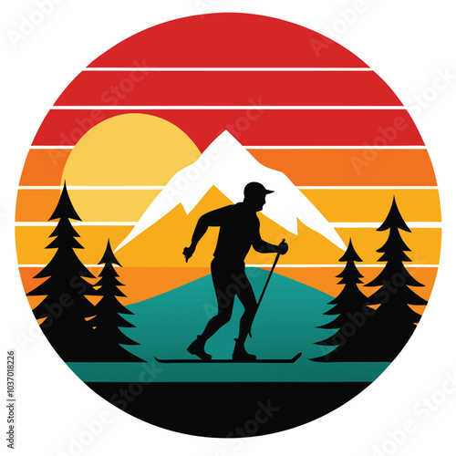 Retro Skiing Vector Illustration with Striped Sunset Background