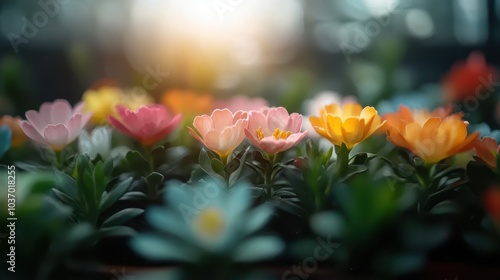 Various colorful flowers are seen blooming energetically, basking in the soft morning sunlight, embodying freshness and life in a botanical garden setting. photo