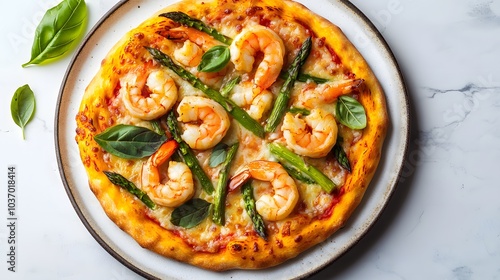 Gourmet shrimp and asparagus pizza on a ceramic plate, styled with rustic food photography, warm lighting, and appetizing textures for a culinary presentation.