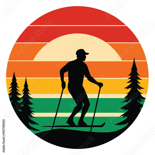 Retro Skiing Vector Illustration with Striped Sunset Background