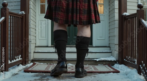 Man in kilt and knee-high socks stepping over the doorstep,  first-footing, hogmanay