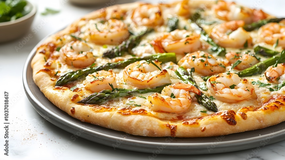 Gourmet shrimp and asparagus pizza on a ceramic plate, styled with rustic food photography, warm lighting, and appetizing textures for a culinary presentation. Gourmet shrimp and asparagus pizza on a ceramic plate, styled with rustic food photography, warm lighting, and appetizing textures for a culinary presentation.
