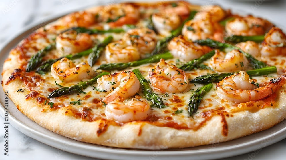 Gourmet shrimp and asparagus pizza on a ceramic plate, styled with rustic food photography, warm lighting, and appetizing textures for a culinary presentation. Gourmet shrimp and asparagus pizza on a ceramic plate, styled with rustic food photography, warm lighting, and appetizing textures for a culinary presentation.