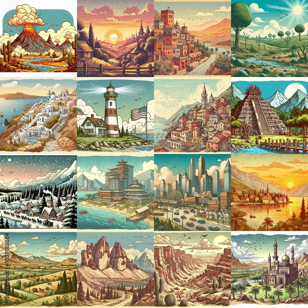 Cartoon landscapes. AI generated illustration Cartoon landscapes. AI generated illustration