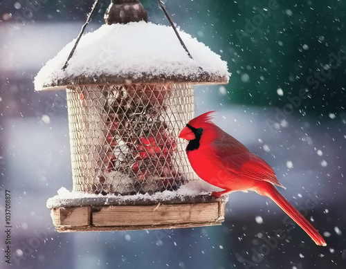 red cardinal eating from a bird feeder in the snow AI