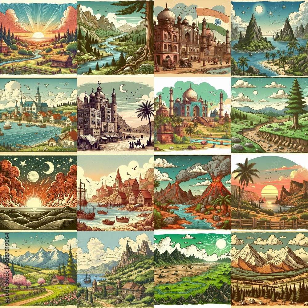 Cartoon landscapes. AI generated illustration Cartoon landscapes. AI generated illustration