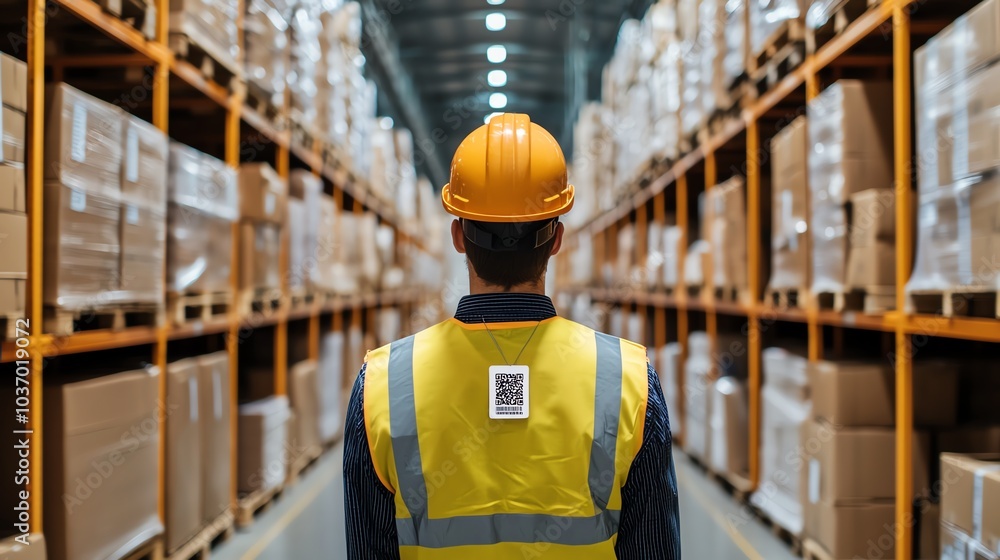 Warehouse worker in safety gear observing inventory in storage facility. Warehouse worker in safety gear observing inventory in storage facility.