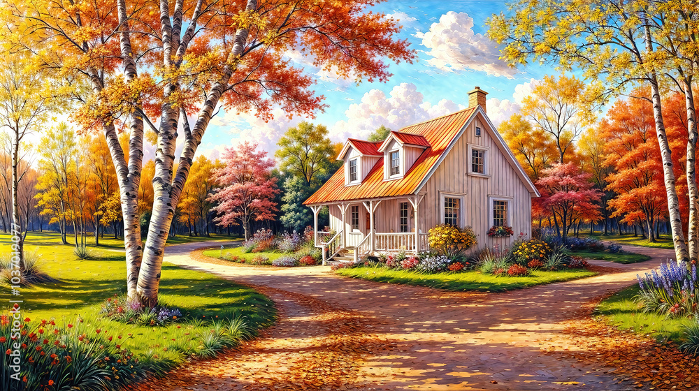 Oil painting on canvas autumn landscape with wooden old house near river, beautiful flowers and trees. Oil painting on canvas autumn landscape with wooden old house near river, beautiful flowers and trees.